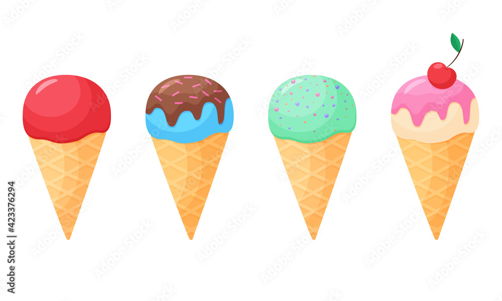 Set of ice cream cone in cartoon style. Isolated on a white background. Vector illustration of ice cream in a waffle cup.
Set of ice cream cone in cartoon style. Isolated on a white background. Vector illustration of ice cream in a waffle cup.