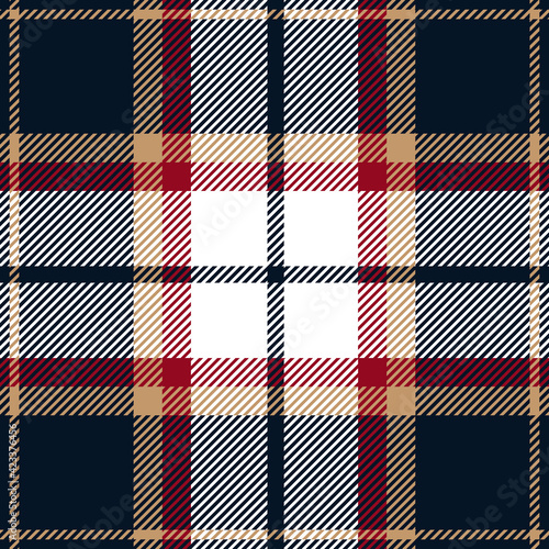 Navy blue, red and beige plaid. Tartan pattern for textile, paper and other prints.