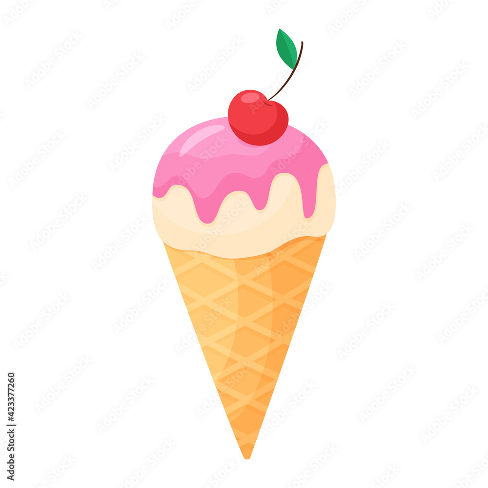Vector illustration of ice cream in cartoon style. Ice cream cone with glaze and cherries. Isolated on white background
Vector illustration of ice cream in cartoon style. Ice cream cone with glaze and cherries. Isolated on white background