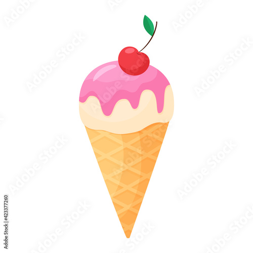 Vector illustration of ice cream in cartoon style. Ice cream cone with glaze and cherries. Isolated on white background
