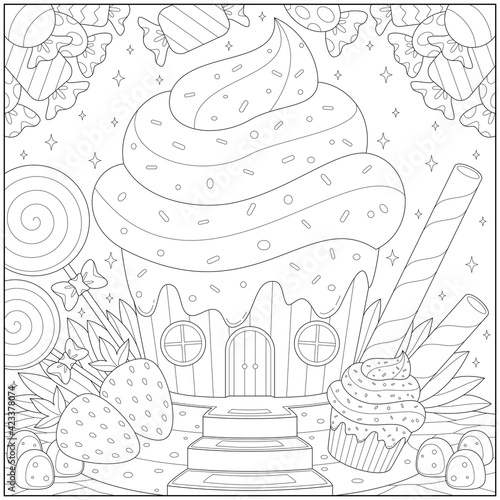 Fantasy delicious and fancy cake house with candy and strawberry fruit. Learning and education coloring page illustration for adults and children. Outline style, black and white drawing