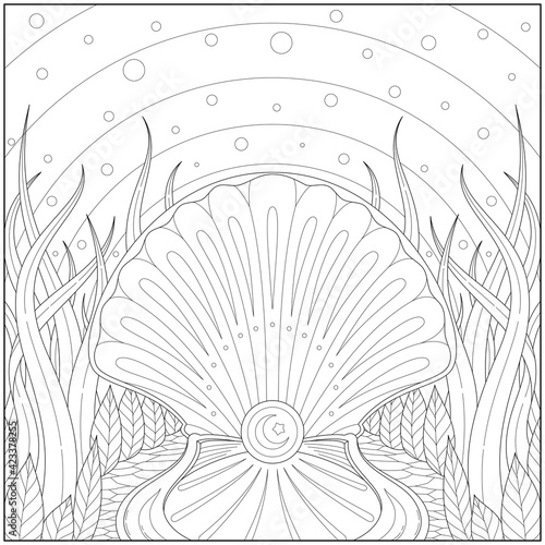 Amazing and fancy shining pearl inside the seashell. Learning and education coloring page illustration for adults and children. Outline style, black and white drawing