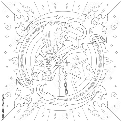 Fantasy knight armor with scythe weapon and iron chain. Learning and education coloring page illustration for adults and children. Outline style, black and white drawing