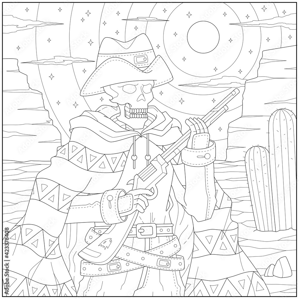 Skeleton cowboy hunter in the western land illustration. Learning and ...