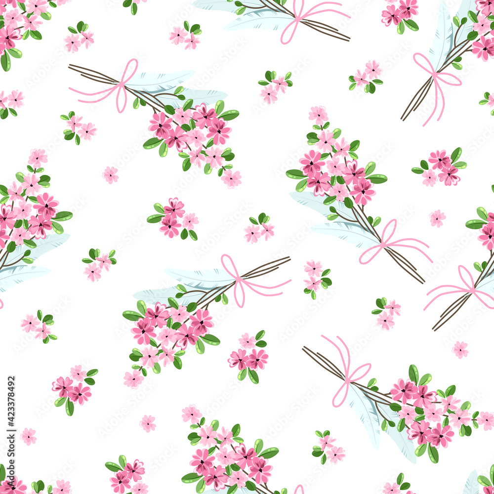 Obraz premium Seamless pattern with a bouquet of small pink flowers and bird feathers.
