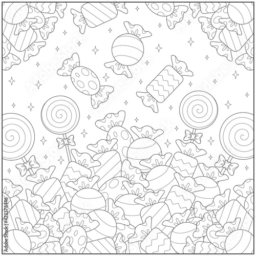 Fantasy candy rain and lot of sweet snacks. Learning and education coloring page illustration for adults and children. Outline style  black and white drawing