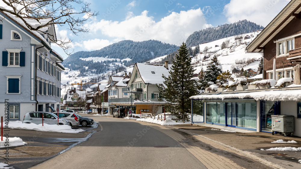 Snowy landscape of the Swiss Alps village at Stein in Switzerland