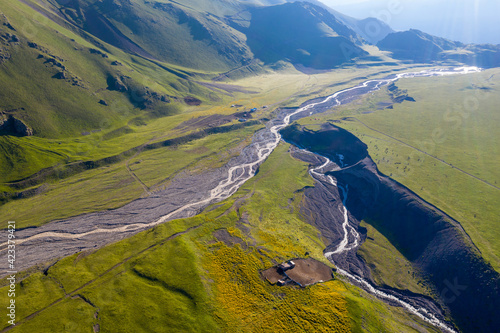 Aerial view of Kyzylkol river and Emmanuel glade. Prielbrusye National Park, Kabardino-Balkaria, Caucasus, Russia. photo