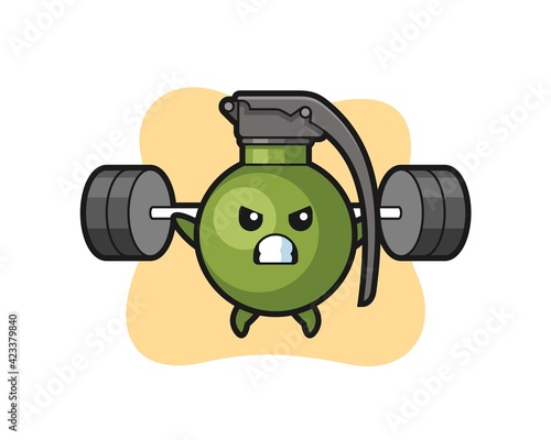 grenade mascot cartoon with a barbell