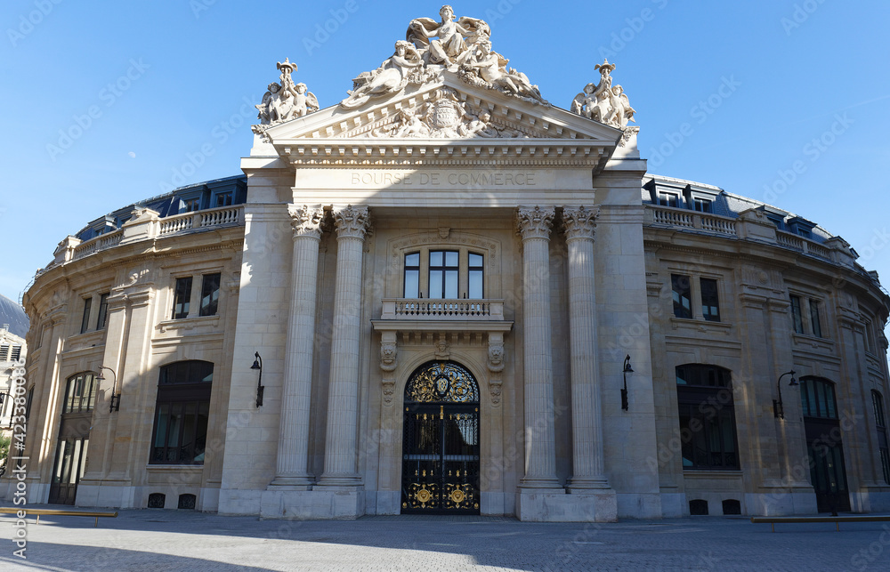 The Front facade of Bourse de Commerce Commodities Exchange building, Paris .