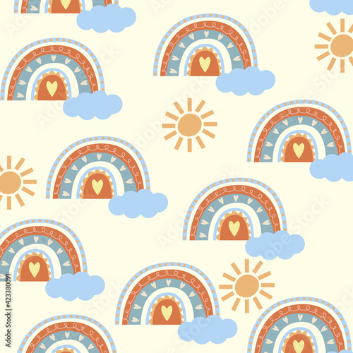 Seamless pattern. Hand drawn rainbow pattern in boho style. Abstract minimalist elements. Scandinavian design in pastel colors. Vector background for fabric, packaging, textiles, wallpaper, clothes