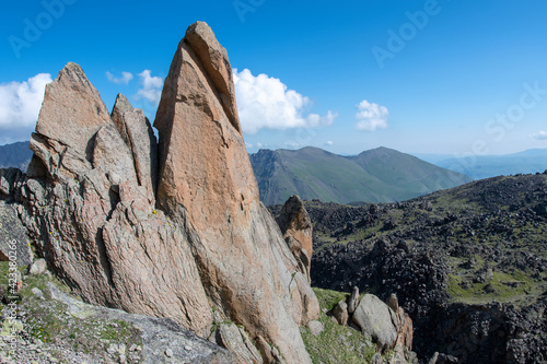 Caucasian landscape. Rocks on Elbrus slope. Prielbrusye National Park, Kabardino-Balkaria, Russia.