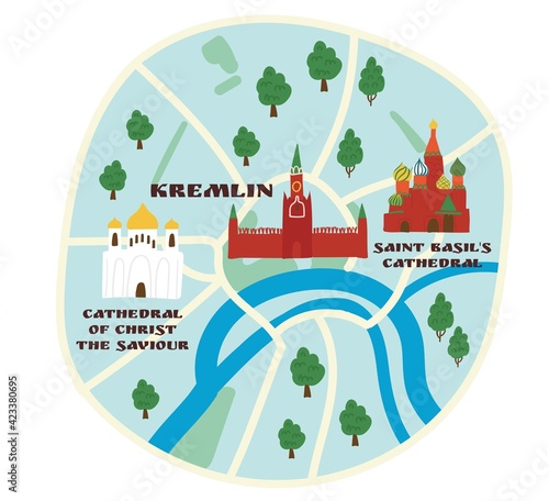 Cartoon flat map of the center of  Moscow with Kremlin and Cathdrals.  Funny cute European Russian city map. Vector illustration. photo