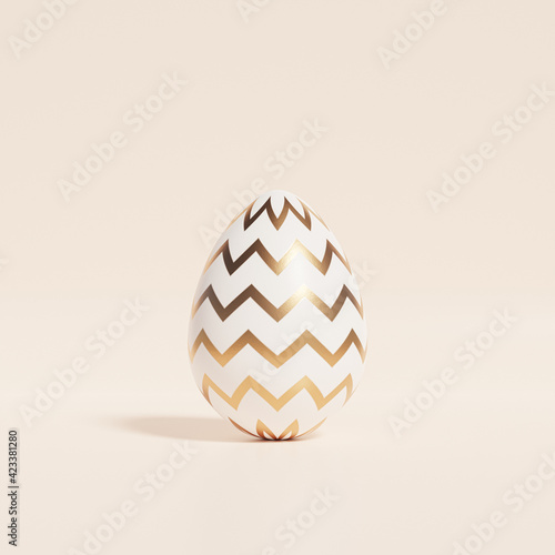 Easter egg with golden chevron or zigzag pattern on beige background  spring April holidays card  3d illustration render