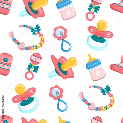 Seamless pattern with newborn baby products.Items for girl.Maternity and childhood accessories.Milk bottle with nipple,dummy pacifier,toy,booties for infant kid and beaded bracelet.Birthday invitation