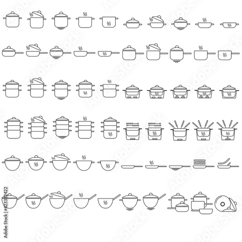 Kitchen utensils for cooking linear icons set in outline style, Various types of pans and containers for cooking and heating