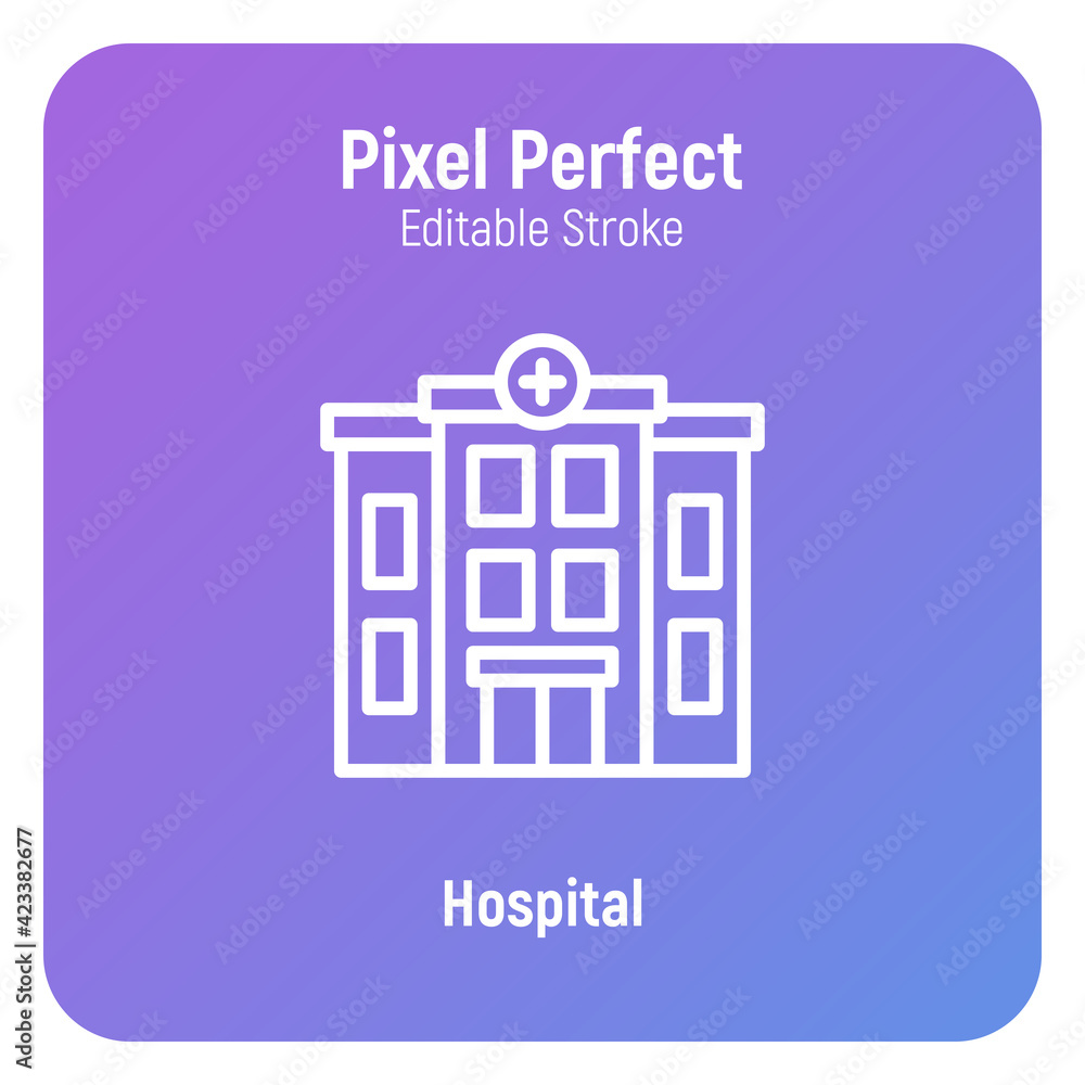 Hospital building thin line icon. Pixel perfect, editable stroke. Vector illustration.