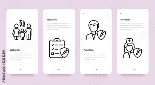 Coronavirus vaccination. Virus protection: family with child, vaccination plan, doctor, nurse are protected by shield with vaccine. Thin line icon. Pixel perfect, editable stroke. Vector illustration.