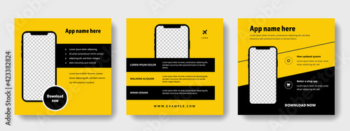 social media layout with smartphone mockup templates, yellow background instagram and facebook post with black accent, business graphic design for mobile app promotion
