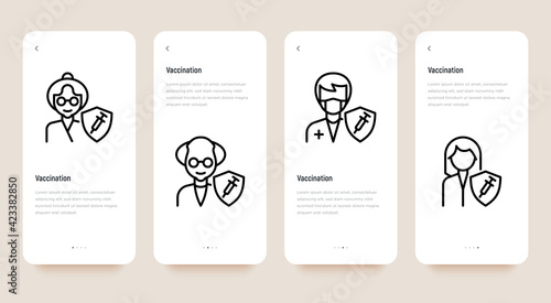 Coronavirus vaccination. Virus protection: man, woman, elderly man, elderly woman, doctor are protected by shield with vaccine. Thin line icon. Pixel perfect, editable stroke. Vector illustration.