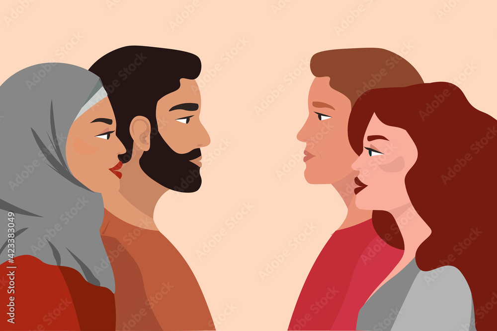 A Muslim couple of men and women opposite Europeans. People of different nationalities, faiths, and appearance. A girl in a hijab. The concept of friendship, love, and tolerance in the world. Vector. A Muslim couple of men and women opposite Europeans. People of different nationalities, faiths, and appearance. A girl in a hijab. The concept of friendship, love, and tolerance in the world. Vector.