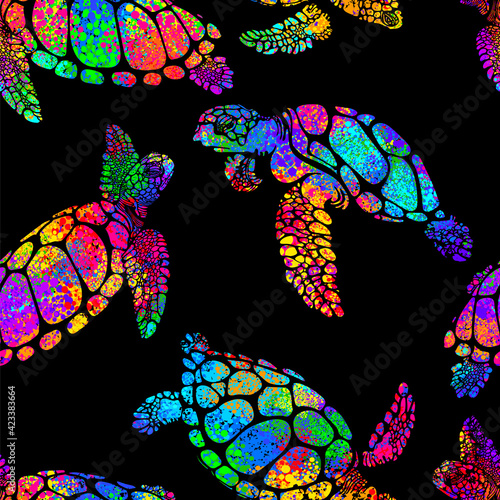 Sea turtle with ocean waves in the style of boho - seamless pattern. Environmental Protection