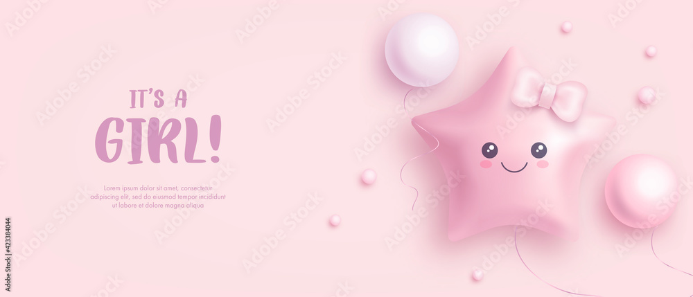 Baby shower horizontal banner with cartoon helium balloons on pink background. It's a girl. Vector illustration