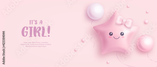Baby shower horizontal banner with cartoon helium balloons on pink background. It's a girl. Vector illustration