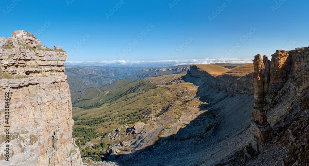 Panoramic view of Bermamyt plateau on sunny day. Karachay-Cherkessia, Caucasus, Russia.