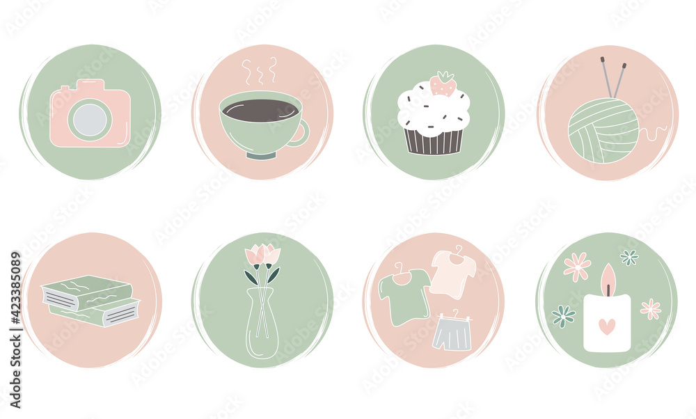 cute Vector set of logo design templates, icons and badges for social media highlight with hygge elements