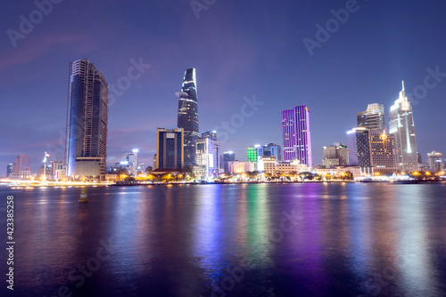 The author takes pictures at district two (Ho Chi Minh City). The author takes a photo shoot on the evening 27/3/2021. The content shows Ho Chi Minh city skyline panoramic © Lê Minh Trí