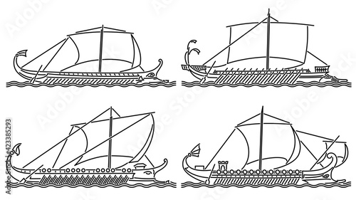 Set of simple vector images of sailing ships of antiquity (Ancient Rome) trireme and bireme drawn in art line style. photo