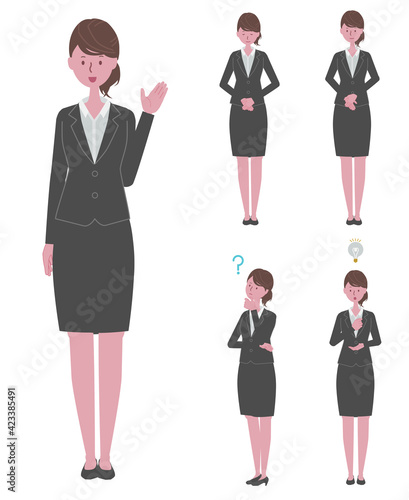 （ご案内・お辞儀・納得をする・疑問に思う）黒いスーツを着た女性イラストセット