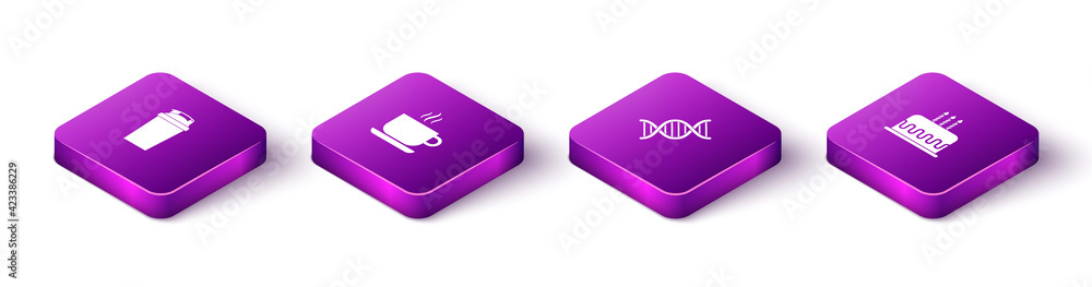Set Isometric Fitness shaker, Coffee cup, DNA symbol and Cake with burning candles icon. Vector Set Isometric Fitness shaker, Coffee cup, DNA symbol and Cake with burning candles icon. Vector