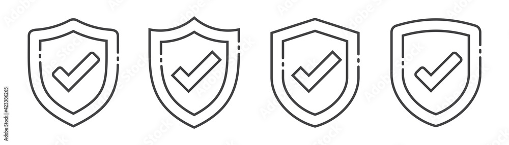 Shield icon set, Shield with check mark in line style isolated on white ...