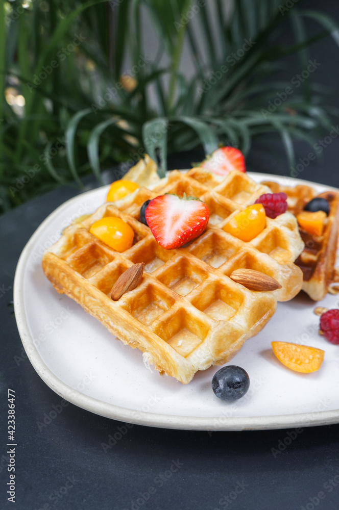 Fresh homemade waffles with blueberries and Strawberry for breakfast on black table.
Fresh homemade waffles with blueberries and Strawberry for breakfast on black table.
