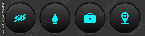 Set Invisible or hide, Fountain pen nib, Toolbox and Map pointer with heart icon. Vector
