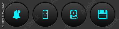 Set Bell, Dead mobile, Hard disk drive HDD sync refresh and Floppy icon. Vector