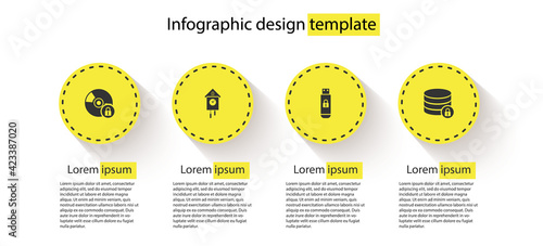 Set CD or DVD disk with lock, Retro wall watch, USB flash drive and Server security. Business infographic template. Vector