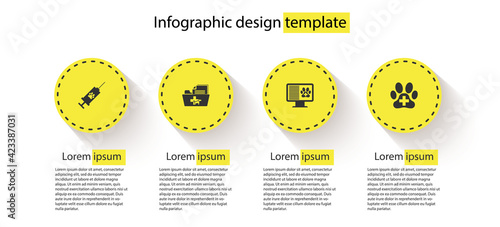 Set Syringe with pet vaccine, Medical veterinary record folder, Clinical on monitor and Veterinary clinic. Business infographic template. Vector