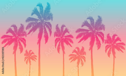 Retro background of palm trees at sunset, vector art illustration.