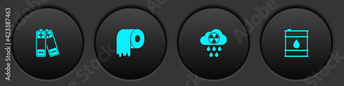 Set Battery, Toilet paper roll, Acid rain and radioactive cloud and Oil barrel icon. Vector