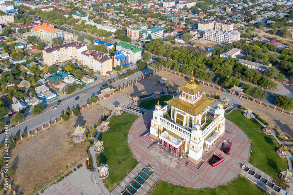 Aerial view of Burkhan Bakshin Altan Sume (The Golden Temple of Buddha Shakyamuni) on sunny day. Elista, Kalmykia, Russia.
