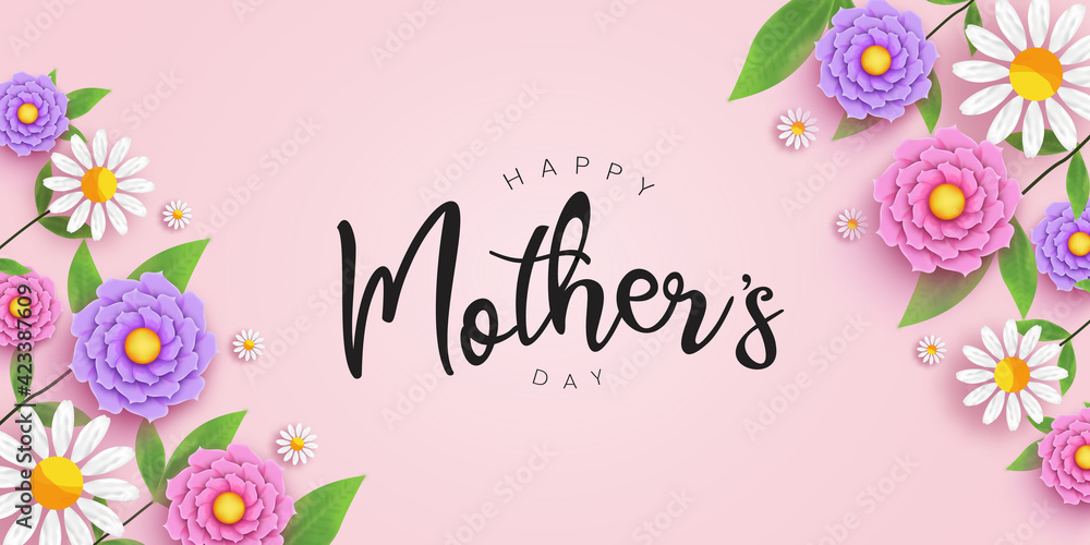 Happy Mother's day with flowers and typography, floral decoration with calligraphy vector illustration