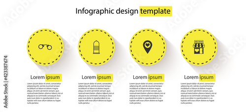 Set Handcuffs, Condom safe sex, Location with heart and Sex shop building. Business infographic template. Vector