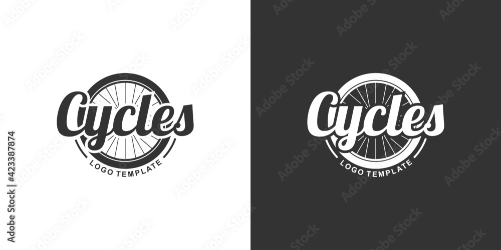 Black and white bicycle logo design template with typography and bike wheel Black and white bicycle logo design template with typography and bike wheel