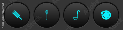 Set Grater, Kitchen whisk, ladle and Washing dishes icon. Vector