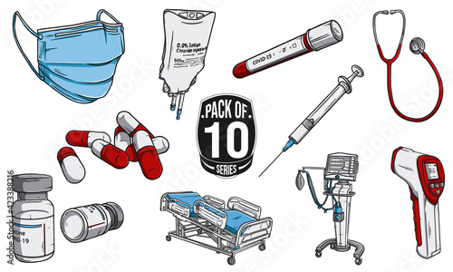 Set of 10 medical supplies covid-19 hand drawn illustration. Vaccine and other medicinal elements.