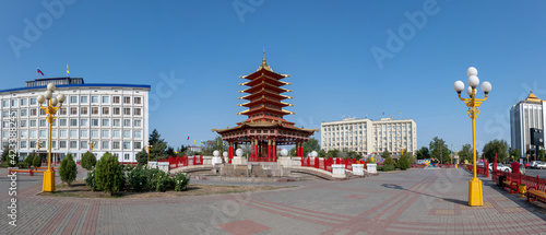 Panorama of Lenin square with Seven Days Pagoda in the middle on sunny day. Elista, Kalmykia, Russia.