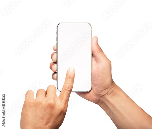 Hand holding the smartphone with blank screen and modern frameless design - isolated on white background